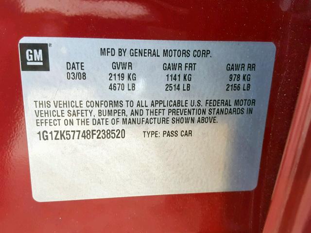 1G1ZK57748F238520 - 2008 CHEVROLET MALIBU LTZ 红色 照片 10