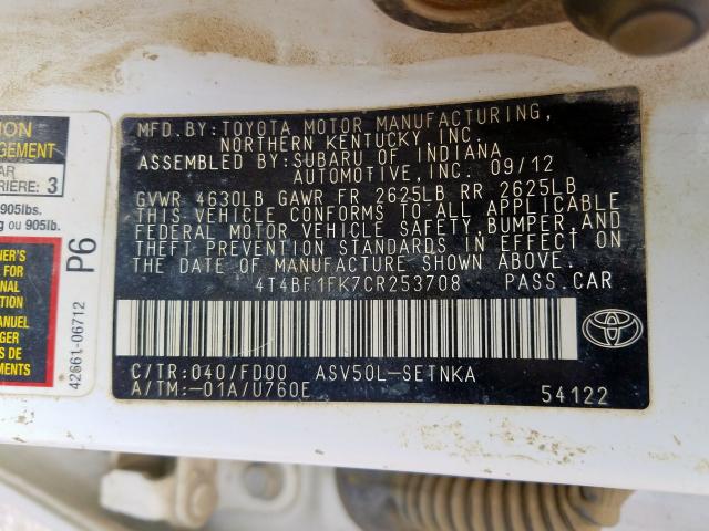 4T4BF1FK7CR253708 - 2012 TOYOTA CAMRY BASE  photo 10