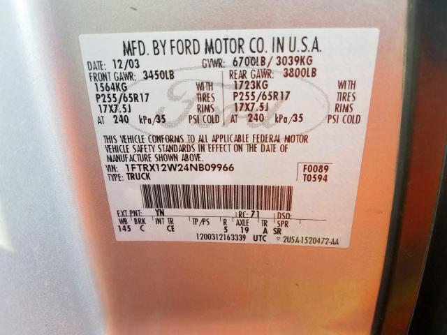 1FTRX12W24NB09966 - 2004 FORD F150  photo 10