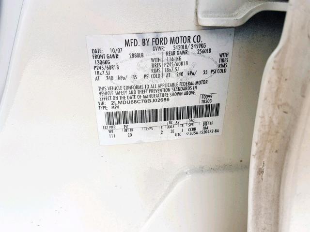 2LMDU68C78BJ02686 - 2008 LINCOLN MKX WHITE photo 10