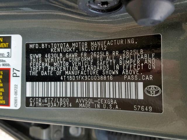 4T1BD1FK9CU038816 - 2012 TOYOTA CAMRY HYBR GREEN photo 10