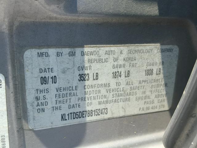 KL1TD5DE7BB152473 - 2011 CHEVROLET AVEO LS SILVER photo 10