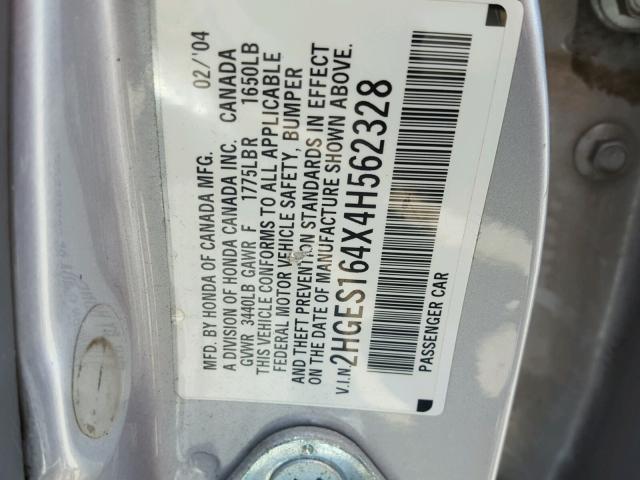 2HGES164X4H562328 - 2004 HONDA CIVIC DX SILVER photo 10