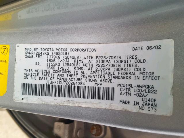 JTJHF10U720284284 - 2002 LEXUS RX 300 SILVER photo 10