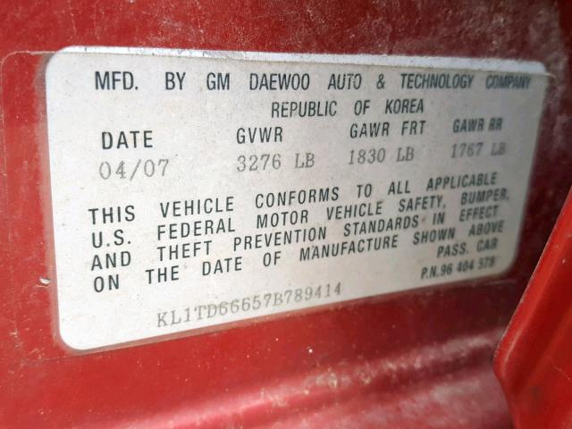 KL1TD66657B789414 - 2007 CHEVROLET AVEO BASE Qırmızı foto 10