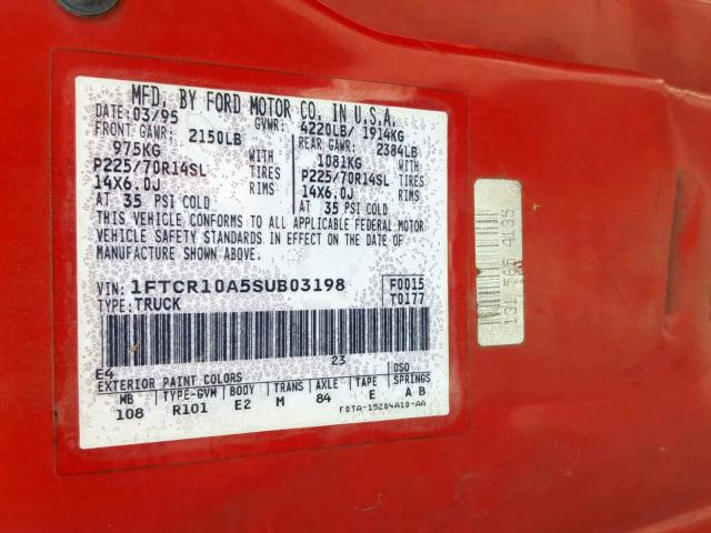 1FTCR10A5SUB03198 - 1995 FORD RANGER RED photo 10
