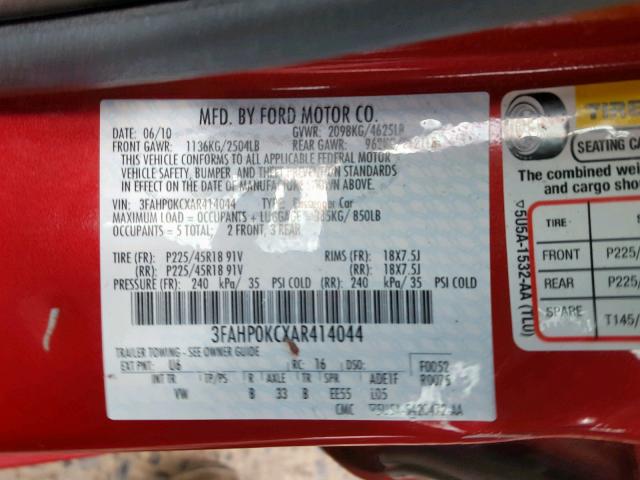 3FAHP0KCXAR414044 - 2010 FORD FUSION SPO RED photo 10