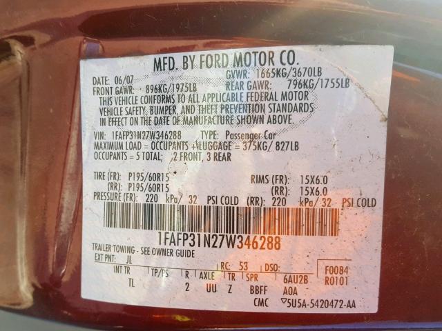 1FAFP31N27W346288 - 2007 FORD FOCUS ZX3 MAROON photo 10