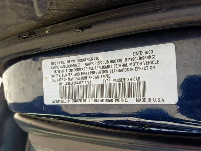 4S3BE635437214764 - 2003 SUBARU LEGACY L BLUE photo 10