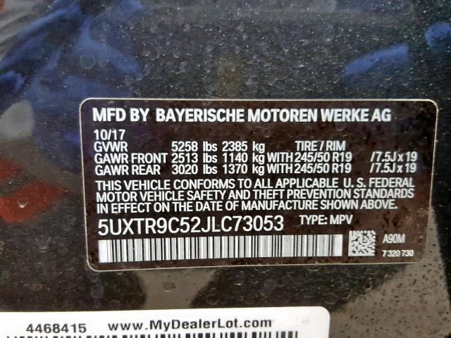 5UXTR9C52JLC73053 - 2018 BMW X3 XDRIVE3 CHARCOAL photo 10