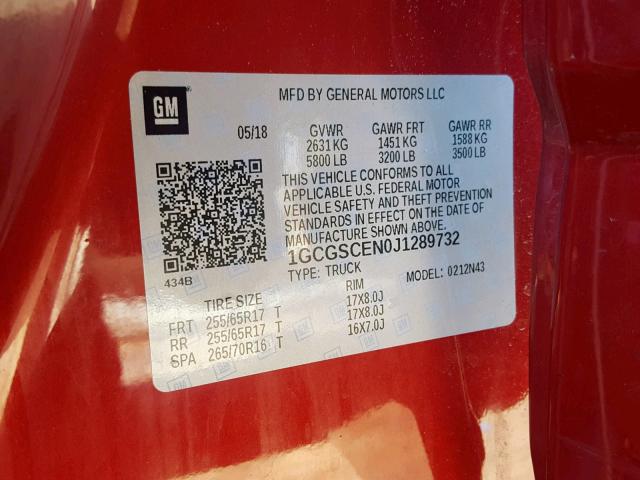 1GCGSCEN0J1289732 - 2018 CHEVROLET COLORADO L RED photo 10