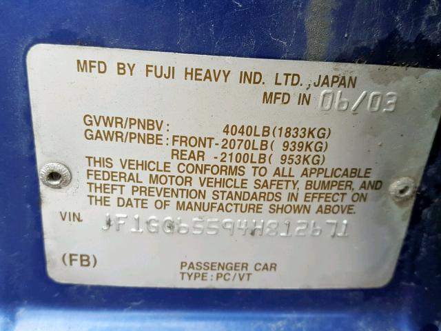 JF1GG65594H812671 - 2004 SUBARU IMPREZA TS BLUE photo 10