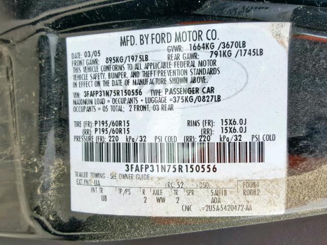 3FAFP31N75R150556 - 2005 FORD FOCUS ZX3 BLACK photo 10