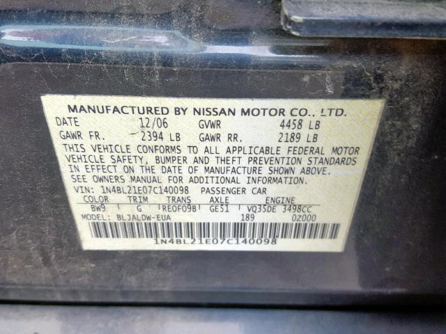 1N4BL21E07C140098 - 2007 NISSAN ALTIMA 3.5 BLUE photo 10