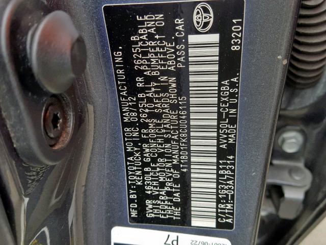 4T1BD1FK8CU046115 - 2012 TOYOTA CAMRY HYBR GRAY photo 10