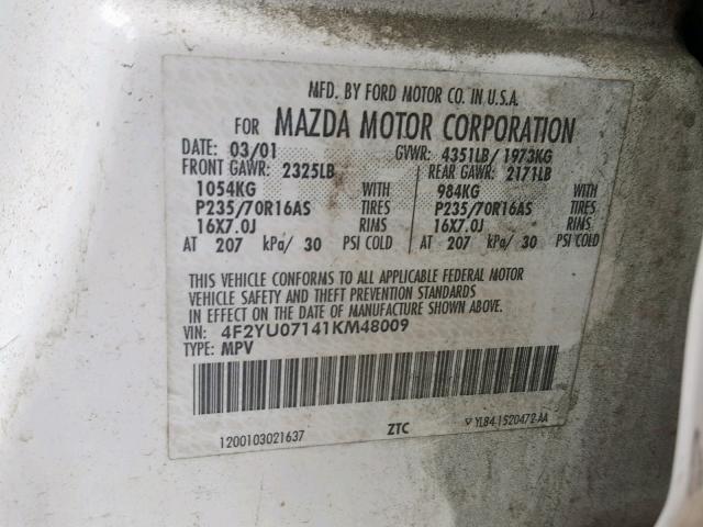 4F2YU07141KM48009 - 2001 MAZDA TRIBUTE DX 白色 照片 10