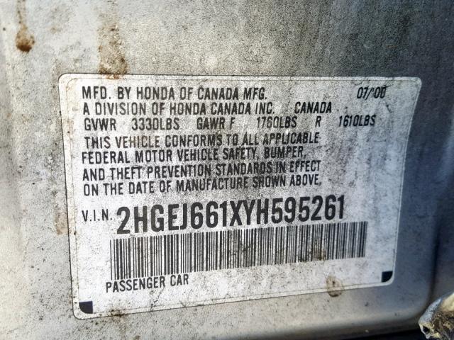 2HGEJ661XYH595261 - 2000 HONDA CIVIC BASE 银色 照片 10