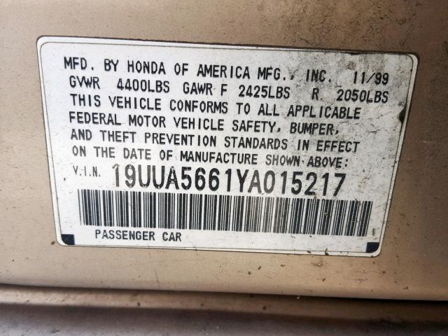 19UUA5661YA015217 - 2000 ACURA 3.2TL GOLD photo 10