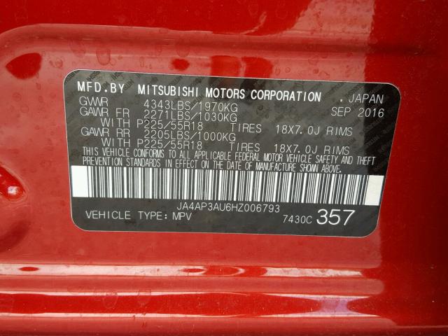 JA4AP3AU6HZ006793 - 2017 MITSUBISHI OUTLANDER RED photo 10