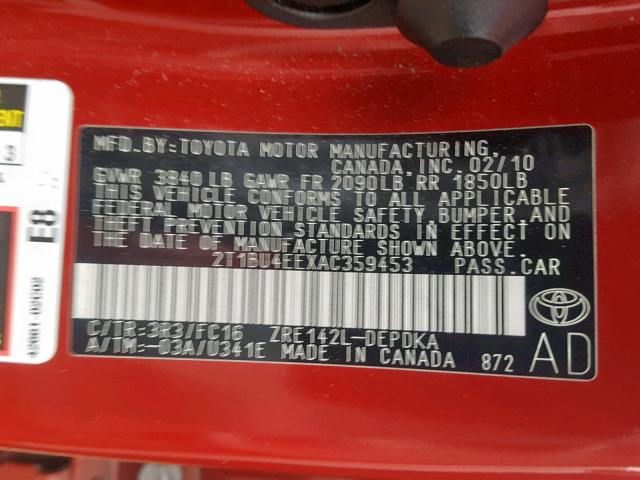 2T1BU4EEXAC359453 - 2010 TOYOTA COROLLA BA RED photo 10