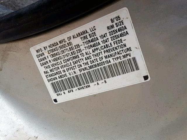 5FNRL38836B005164 - 2006 HONDA ODYSSEY TO GOLD photo 10