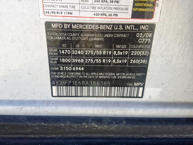 4JGBF71E68A386385 - 2008 MERCEDES-BENZ GL 450 4MA SILVER photo 10