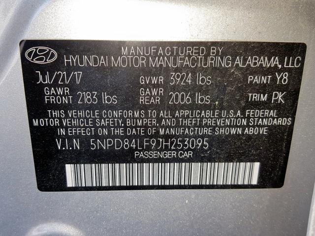 5NPD84LF9JH253095 - 2018 HYUNDAI ELANTRA SE SILVER photo 10