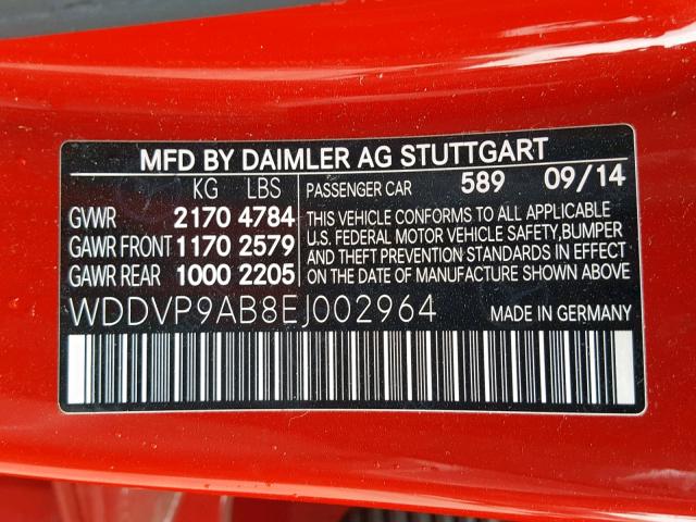 WDDVP9AB8EJ002964 - 2014 MERCEDES-BENZ B ELECTRIC RED photo 10