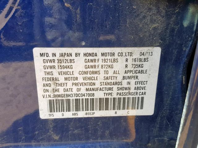 JHMGE8H37DC047008 - 2013 HONDA FIT BLUE photo 10