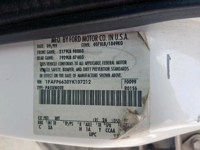 1FAFP6630YK107212 - 2000 FORD CONTOUR SE WHITE photo 10