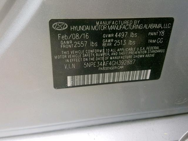 5NPE34AF4GH392887 - 2016 HYUNDAI SONATA SPO SILVER photo 10