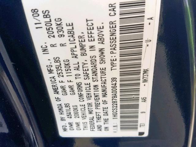 1HGCS22879A006439 - 2009 HONDA ACCORD EXL BLUE photo 10