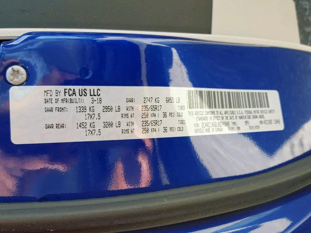 2C4RC1AG8JR274909 - 2018 CHRYSLER PACIFICA L BLUE photo 10