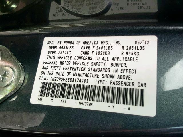 1HGCP2F86CA174785 - 2012 HONDA ACCORD EXL GRAY photo 10