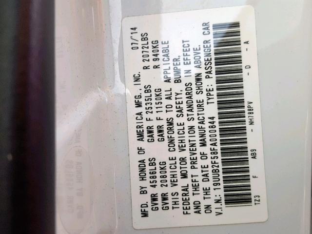 19UUB2F58FA000844 - 2015 ACURA TLX TECH WHITE photo 10