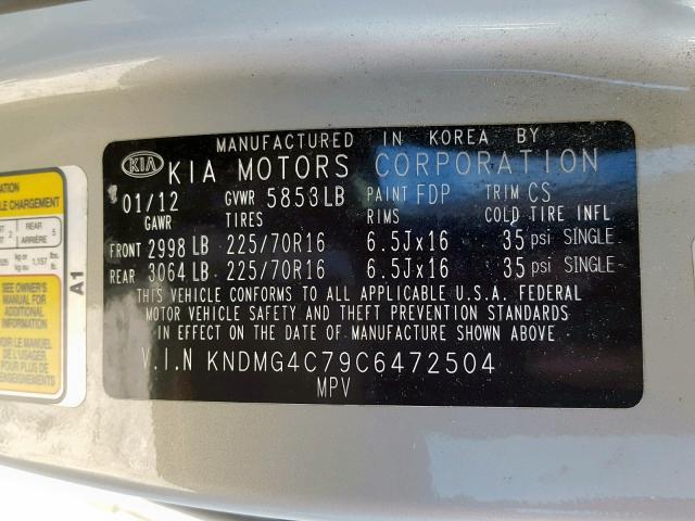 KNDMG4C79C6472504 - 2012 KIA SEDONA LX SILVER photo 10