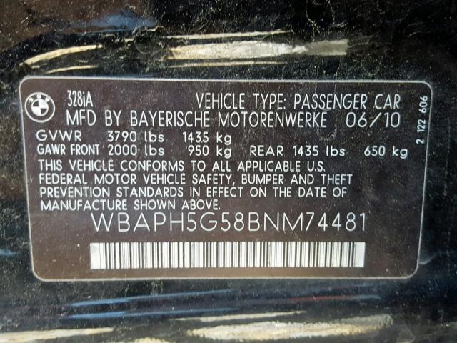 WBAPH5G58BNM74481 - 2011 BMW 328 I SULE BLACK photo 10