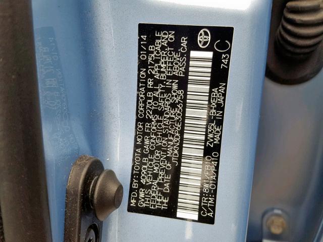 JTDKN3DP6E3056758 - 2014 TOYOTA PRIUS PLUG BLUE photo 10