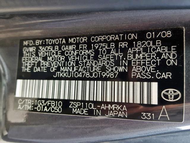 JTKKU10478J019987 - 2008 TOYOTA SCION XD GRAY photo 10