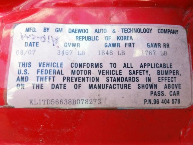 KL1TD56638B078273 - 2008 CHEVROLET AVEO BASE  ფოტო 10