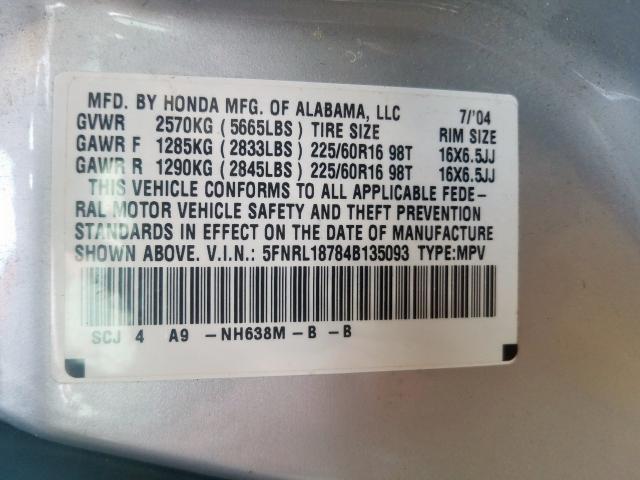 5FNRL18784B135093 - 2004 HONDA ODYSSEY EXL  photo 10