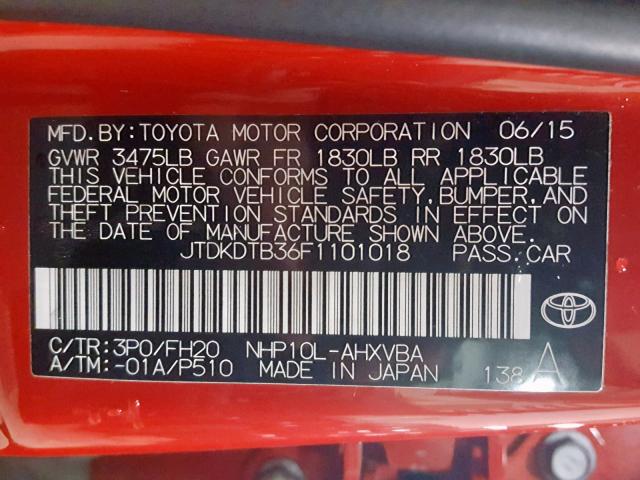 JTDKDTB36F1101018 - 2015 TOYOTA PRIUS C RED photo 10