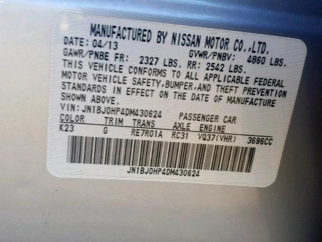 JN1BJ0HP4DM430624 - 2013 INFINITI EX37 BASE SILVER photo 10