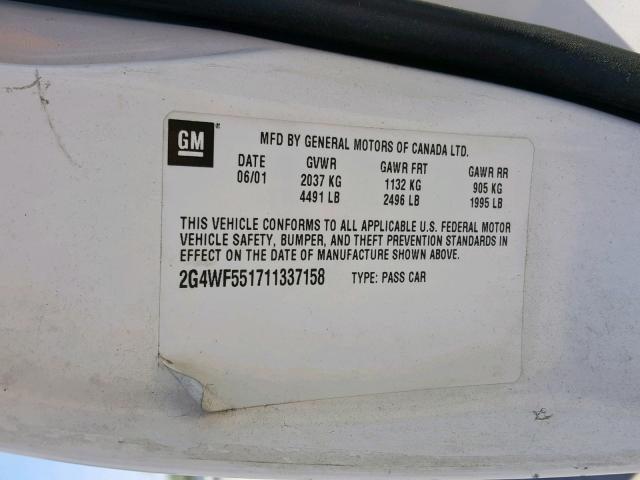 2G4WF551711337158 - 2001 BUICK REGAL GS WHITE photo 10