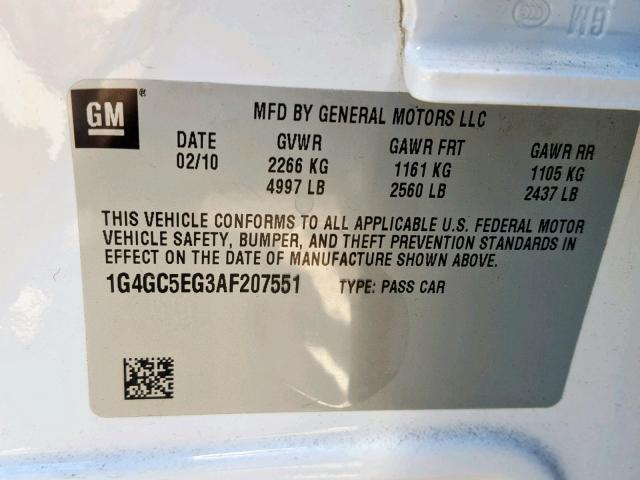 1G4GC5EG3AF207551 - 2010 BUICK LACROSSE C WHITE photo 10