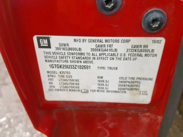 1GTGK29U33Z182691 - 2003 GMC NEW SIERRA RED photo 10