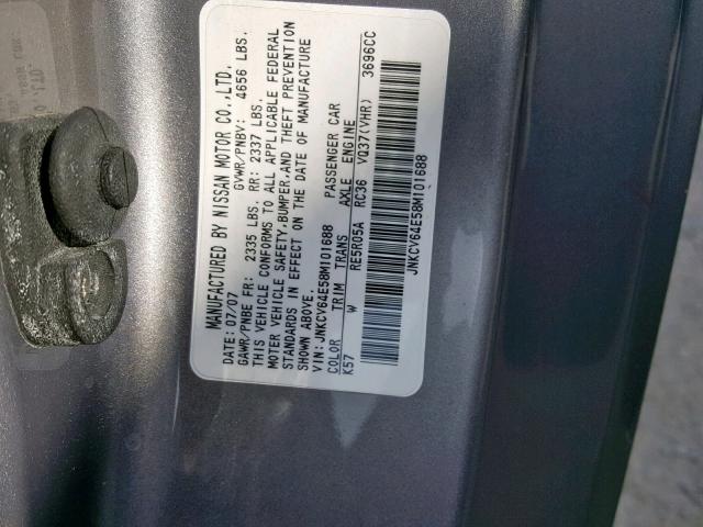 JNKCV64E58M101688 - 2008 INFINITI G37 BASE SILVER photo 10