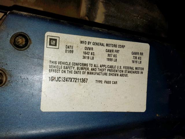 1G1JC1247X7211367 - 1999 CHEVROLET CAVALIER B BLUE photo 10