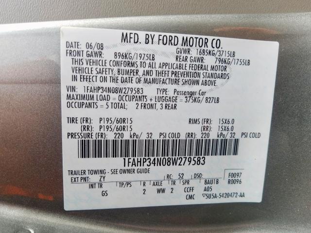 1FAHP34N08W279583 - 2008 FORD FOCUS S/SE  photo 10