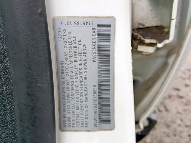 WVWTH63B21E158818 - 2001 VOLKSWAGEN PASSAT GLX 白色 照片 10
